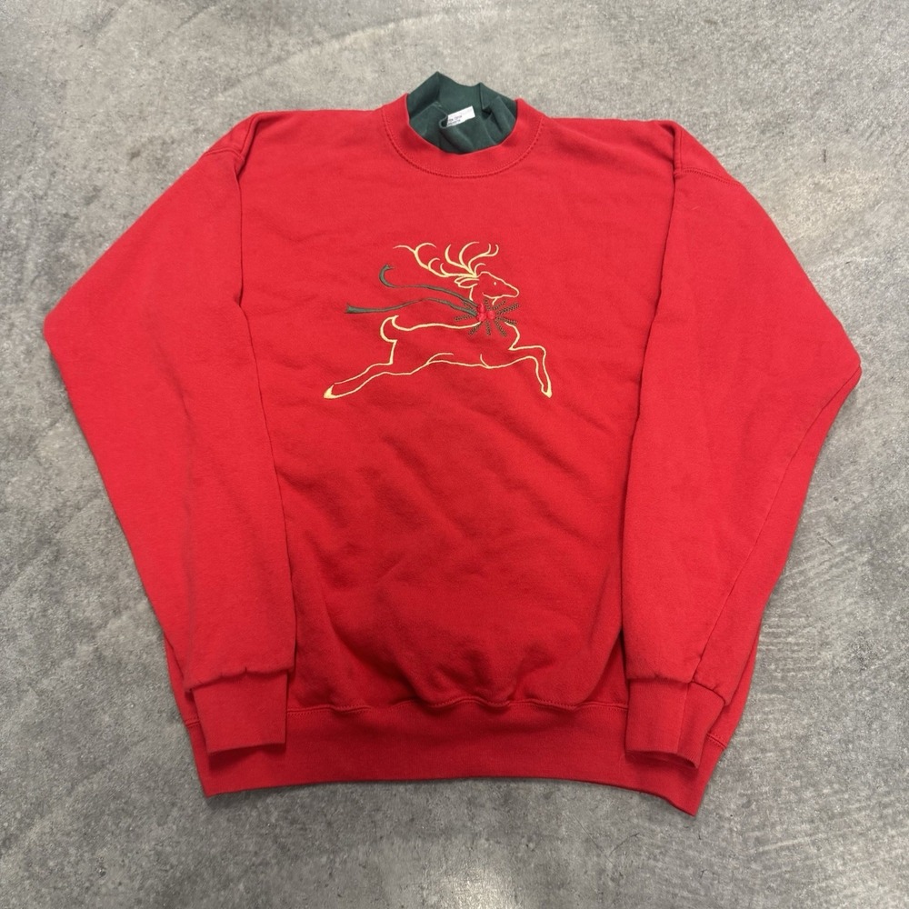 VTG Women's Sweater Red Reindeer Crewneck Embroidered Christmas Cotton 90's XL